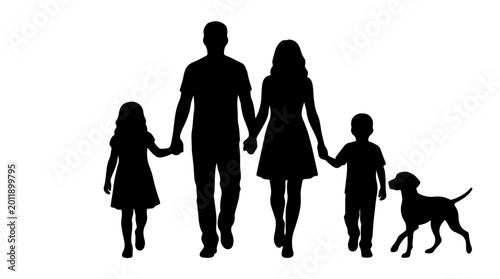 Family with dog holding hands silhouette