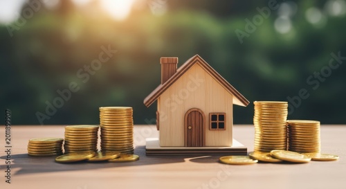 Miniature wooden house with gold coins on a table
