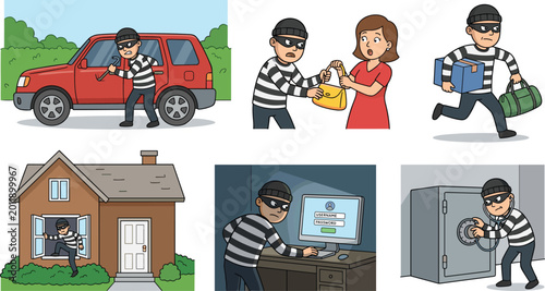 Bilde på lerret Cartoon Burglar Vector Set Featuring Theft, Robbery, and Criminal Activities wit