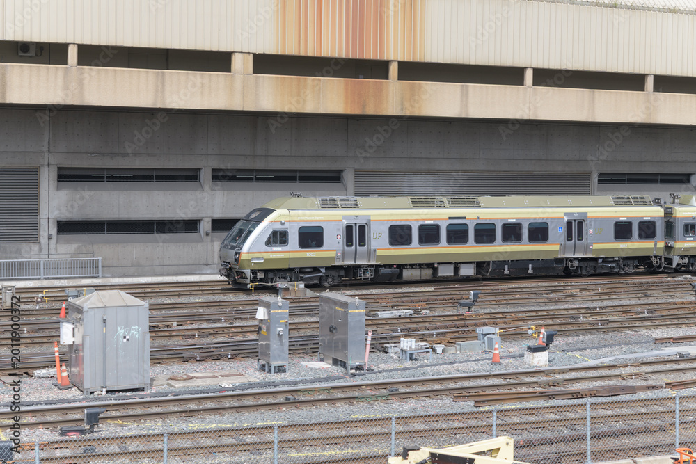 Fototapeta premium Union Pearson Express traveling in the Union Station Rail Corridor, Toronto