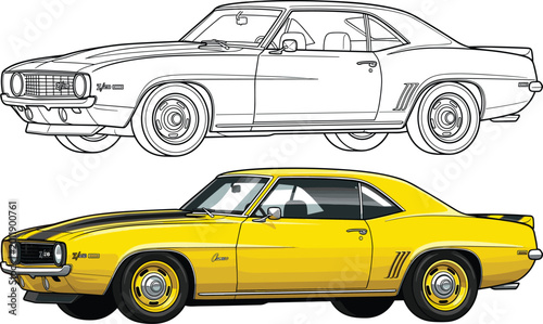 Fotografie Classic Muscle Car Vector Illustration Featuring Yellow Sports Car Design and De