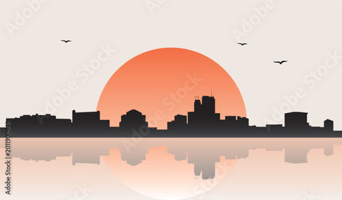Foto Minimalist contemporary Japanese-style drawing of a half sun skyline with water