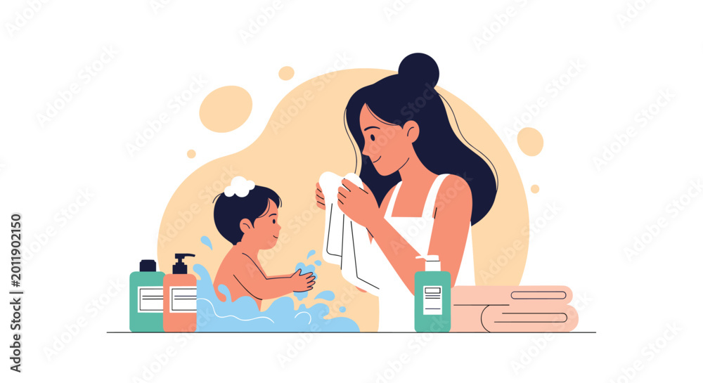Obraz premium Loving mother bathing her young child in a tub with bubbles and soap while holding a large white towel to dry.
