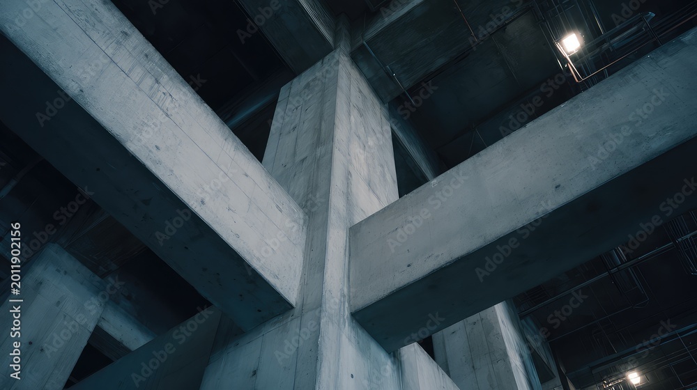 Fototapeta premium Brutalist concrete architecture forming an intricate structure with intersecting beams and columns, creating a complex underground or industrial style environment with strong geometric lines