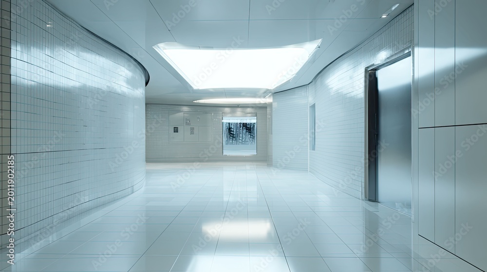 Fototapeta premium Modern long interior hallway featuring sleek curved tile walls, a glowing ceiling light, and reflective flooring, creating a minimalist and futuristic architectural space