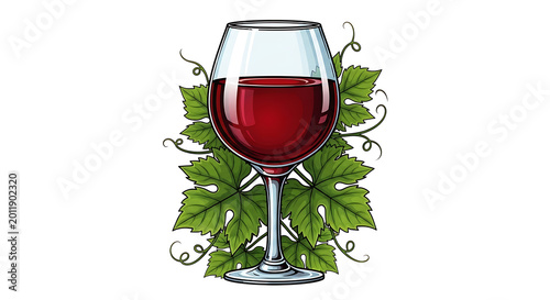 Red wine in a wine glass surrounded by green leaves and grapes leaf