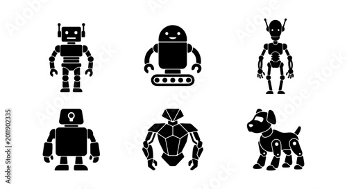 Fotografie Modern Robot Vector Icon Set, AI and Automation Technology Symbols, Futuristic D