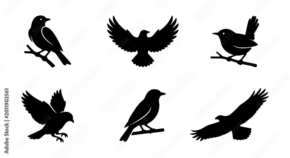 Fototapeta premium Black Bird Silhouettes, Minimalist Avian Icons, Flying and Perched Bird Vector Set