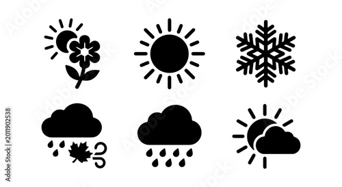 Foto Weather Icons Set: Sun, Flower, Snowflake, Rain, Cloud, Seasons, Forecast Symbol