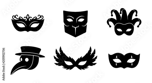 Masquerade Masks Collection, Venetian Carnival Icon Set, Black Silhouette Party Face Coverings