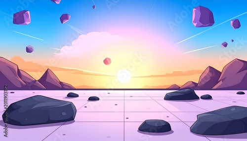 Cartoon alien landscape, sun setting with floating rocks and purple mountains