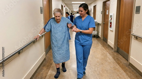 Nurse supporting elderly woman walking in hospital corridor. Professional caregiver assisting senior patient during recovery. Medical rehabilitation and healthcare support concept.