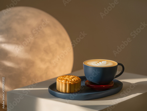 dishes mooncakes and a ceramic coffee cup with latte art on the table