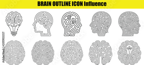 Brain outline icon set with maze patterns linear style black and white silhouette high quality professional detailed modern elegant stylish clean