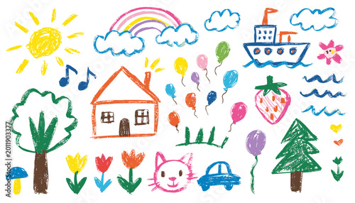 Childlike Crayon Drawing Collection Kids Doodle House Car Boat Rainbow and Nature Set