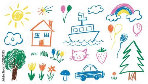 Childlike Crayon Drawing Collection Kids Doodle House Car Boat Rainbow and Nature Set
