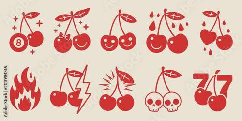 Cherry Doodle Icons Lucky Symbols Retro Cartoon Sticker Collection