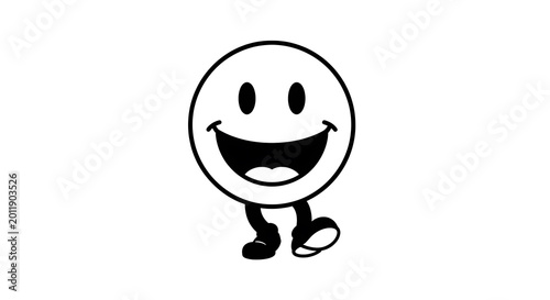 Smiling cartoon face with big eyes and short legs, black and white smile