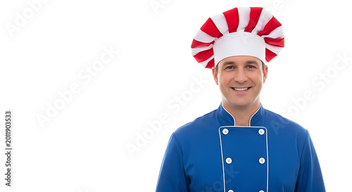Smiling male nurse in blue scrubs with red stethoscope and heart symbols