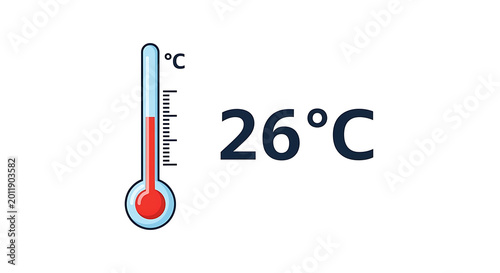 Thermometer showing twenty-six degrees celsius temperature on a white background, scale