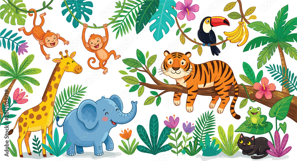 Fototapeta premium Cute Jungle Animals Cartoon Set with Happy Tiger, Elephant, Giraffe, Monkeys, Toucan and Tropical Forest Background for Kids Education, Nursery Wall Art and Children’s Book Illustration