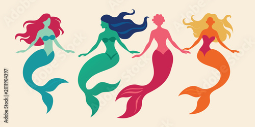 Bild auf Leinwand Set of four colorful mermaid illustrations in flat vector style