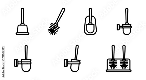 Fényképezés Toilet Brush Icons Set, Bathroom Cleaning Tools, Hygiene Vector Graphics