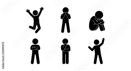 Human stick figure vector icon set, diverse emotional poses, black silhouette people