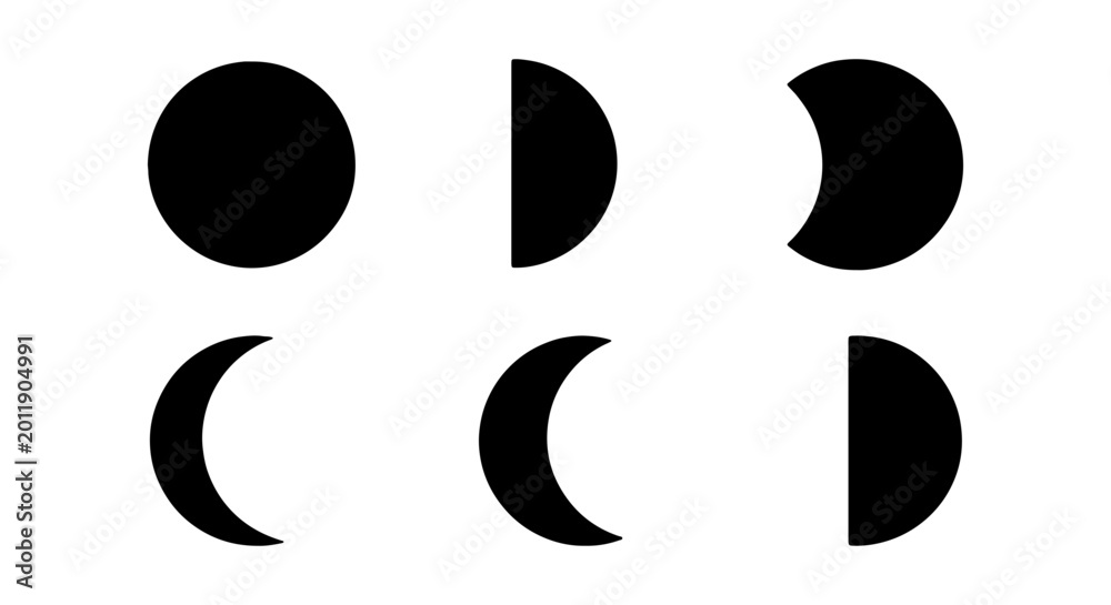 Fototapeta premium Minimalist moon phases icon set, black lunar cycle silhouettes, celestial vector shapes