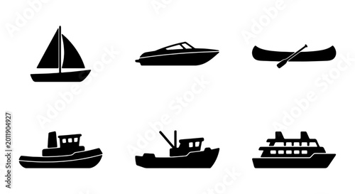 Фотография Nautical boat icons set, black ship silhouettes, 6 watercraft vector illustratio