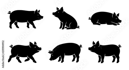 Black pig silhouette set, 6 farm animal icons, livestock vector illustrations for logos
