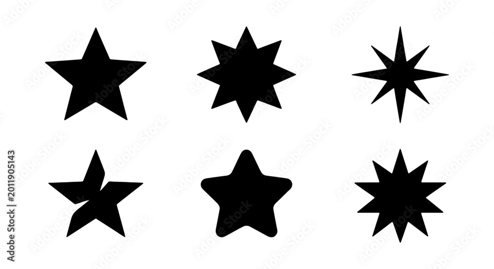 Obraz premium Black star icons set, minimalist geometric star shapes, 6 vector star silhouettes