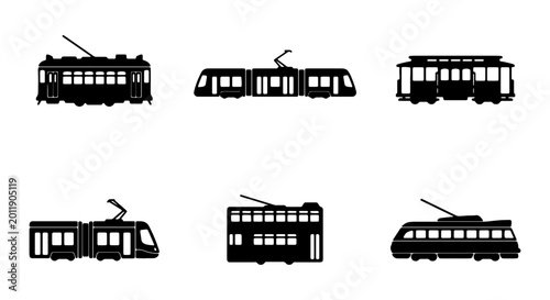 Vintage tram silhouettes, 6 city streetcar icons, retro public transport vector set