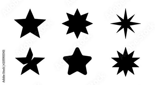 Black star icons set, minimalist geometric star shapes, 6 vector star silhouettes