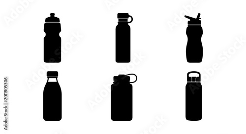 Reusable water bottle silhouettes, 6 fitness hydration icons, black sports bottle set