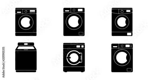 Washing machine icon set, black laundry appliance vectors, 6 dryer symbols for web