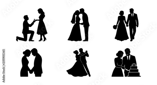Wedding Couple Silhouettes, Romantic Moments, Celebration Vector Icons