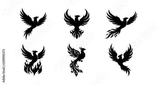 Bild auf Leinwand Phoenix bird vector set, mythical firebird, powerful legendary creature, fantasy