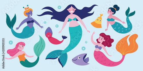Bild auf Leinwand Group of diverse mermaids with fish and sea plants in playful underwater setting