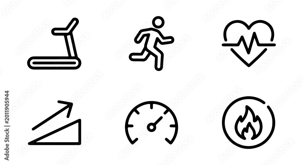Fototapeta premium Fitness Icons Set: Treadmill, Runner, Heart Rate, Progress, Speedometer, Calorie Burn