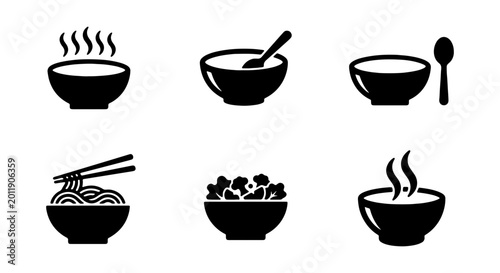 Bild auf Leinwand Asian noodle soup, bowl icons, food symbols, black vector set