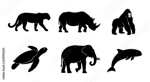 Foto Black animal silhouettes, endangered species icons, wildlife symbols, conservati
