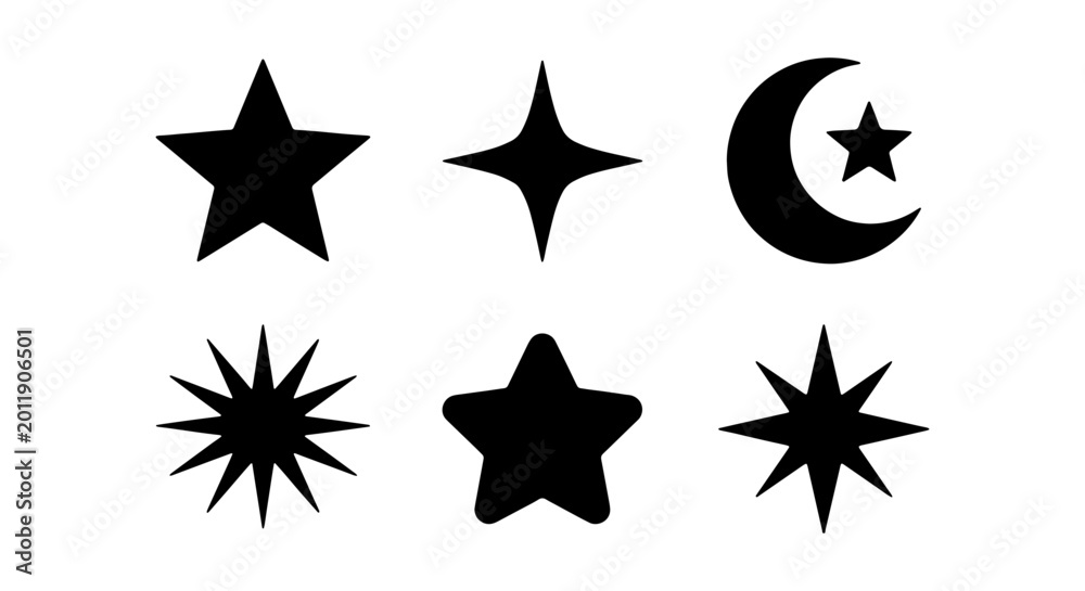 Fototapeta premium Black Star Icons Set, Celestial Symbols, Cosmic Shapes, Night Sky Elements, Vector Graphics