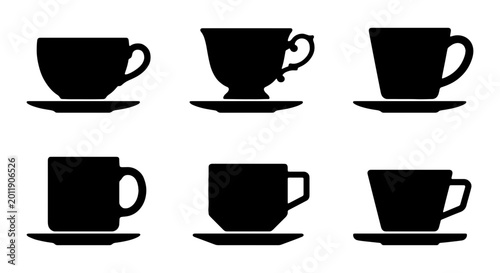 Fotografía Set of 6 Black Coffee Cups and Saucers, Vector Icons for Cafe and Restaurant Des