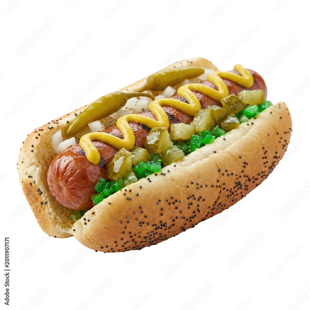 Fototapeta premium Classic Chicago style hot dog in a poppy seed bun