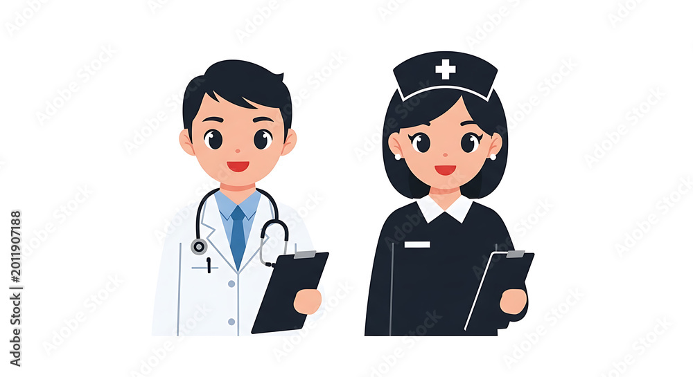 Fototapeta premium Two cartoon nurses in blue and black uniforms with stethoscopes and red crosses