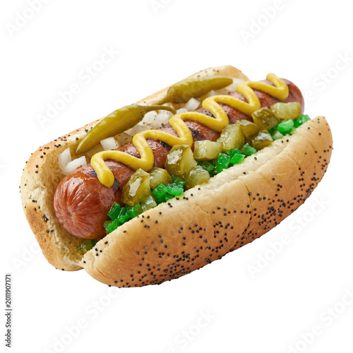 Cuadro en lienzo Classic Chicago style hot dog in a poppy seed bun