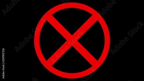Red circle cross sign animation, prohibited symbol motion on black background forbidden