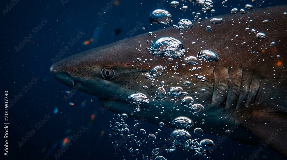 Fototapeta premium Reef Shark Silhouette Swimming in Deep Blue Ocean - Marine Predator Underwater Wildlife Stock Photo