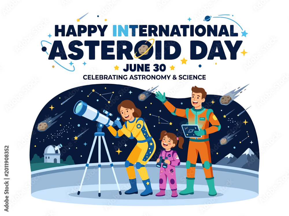 Obraz premium Dynamic illustration depicting a family's joyful celebration of Asteroid Day, observing the cosmos with a telescope and fostering a love for space science and exploration